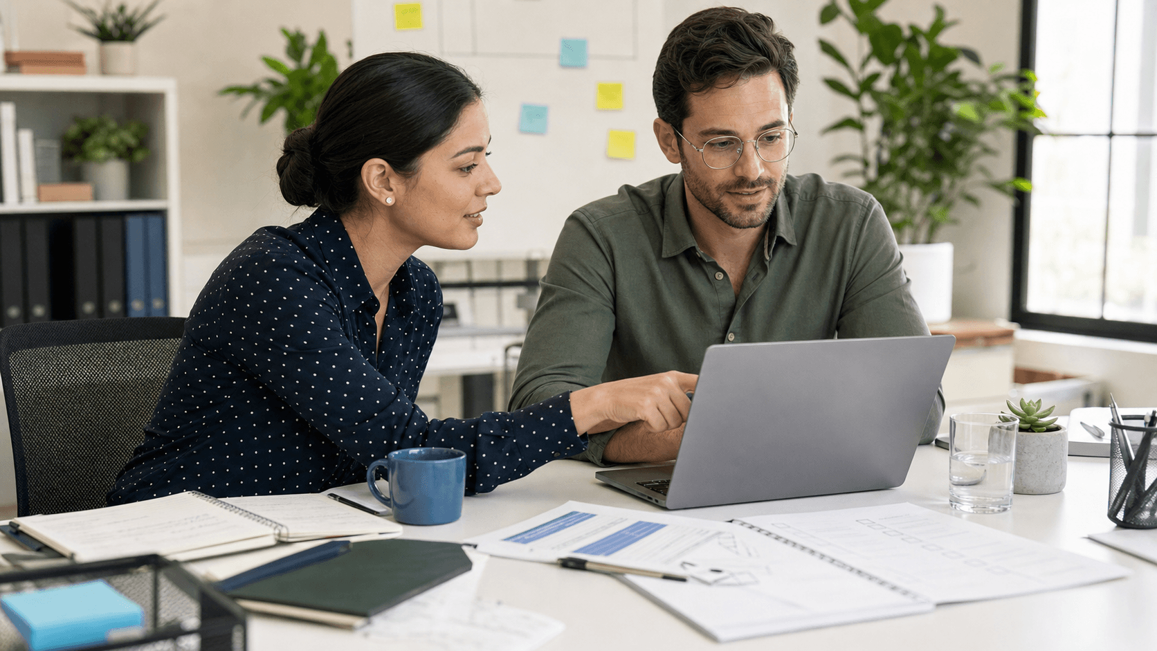 Two people reviewing operational work together at a laptop